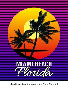 Sunset Florida Miami Beach summer print t-shirt design. Poster palm tree silhouettes