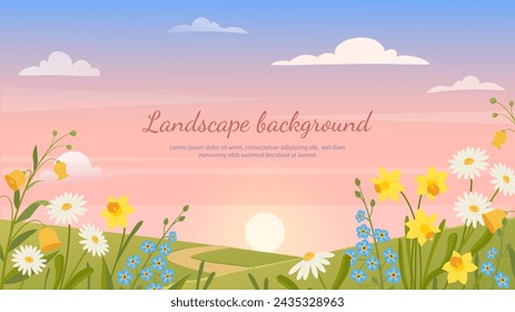 Sunset with flowers poster. Background with place for text. Bloom and blossom plants. Spring and summer season with yellow and blue flowers. Summer or spring. Cartoon flat vector illustration