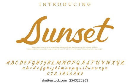 Fonte Sunset Pincel elegante pintado com letras maiúsculas vetoriais, alfabeto, fonte