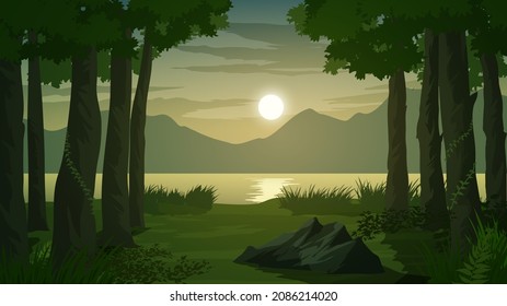 Sunset in forest by lake and mountain