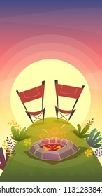 sunset forest camping with barbeque food picnick , waterlemon , grapes . tourism weekend at green grass field and trees , nature plants . beautiful serenity cheerful cartoon style , vector background