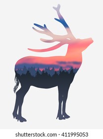 Sunset forest. Deer silhouette