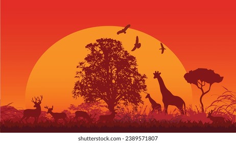 Sunset in the forest. Evening in the African jungle with animal view in the grass at red evening.