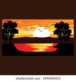 Sunset in the forest illustration background with a very beautiful design looks like real.