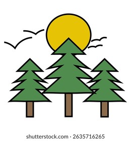 Sunset forest illustration. Green pine trees. Golden sun vector. Flying birds detail.