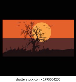 Sunset in the forest illustration with a very beautiful landscape design