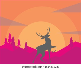 Sunset in the forest, with male deer clouds and sun. illustrator vector file. animal