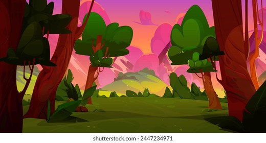 Escena del bosque al atardecer. Paisaje del amanecer de la historieta con el cielo del árbol y rosado. Fairy woods valle para senderismo o juego salvaje ilustración de aventura. Glade de hierba cerca de la zona de la colina con increíble vista hermosa del paisaje