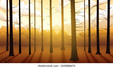 Sunset in The Forest, Shadowed Tree Trunk, Vector Wallpaper
