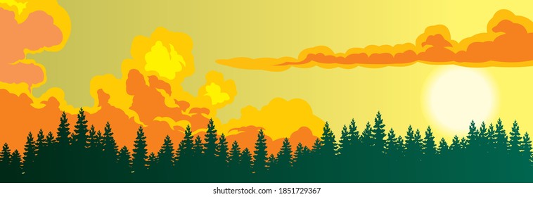 Sunset in forest. Silhouette of a dark coniferous forest against a sunset sky with clouds.