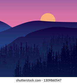 Sunset forest, Silhouette of jungle and pine trees, Landscape scenery in evening, early morning in the mountains, silhouettes of trees in light haze, view of beautiful nature