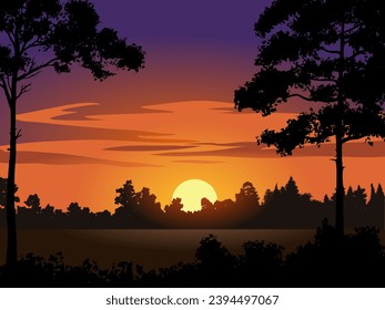 Sunset in forest with silhouette of trees