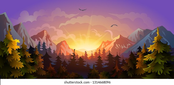 Sunset in the forest. Silhouette of trees and mountains on the background of the sun. Vector fairytale landscape.