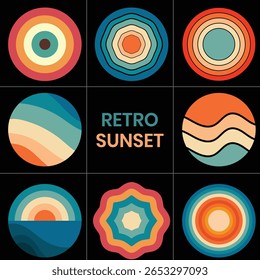 Sonnenuntergang Wald Silhouette Vektor Retro Kreis Abzeichen mit Textur