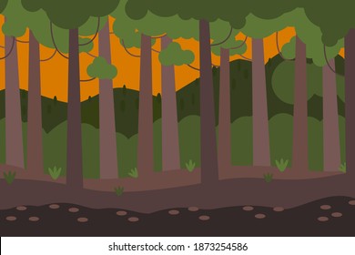 sunset forest in spring season vector illustration
