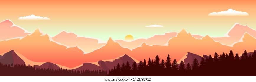 Sunset in a forest valley with mountains. Stock vector illustratio. EPS 10. Panoramic wallpaper with mountain views.