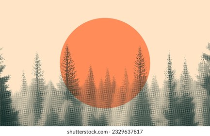 sunset in forest vector halftone background