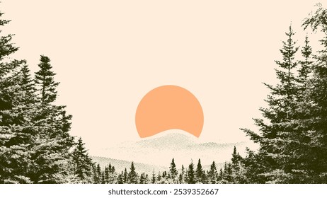 Puesta del sol en el fondo del semitono del Vector forestal