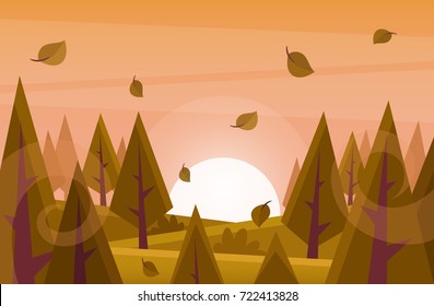 Sunset in the Forest. Vector Illustration