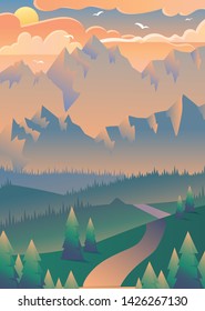 Sunset in forest vector illustration. Flying birds over mountains. Summer landscape