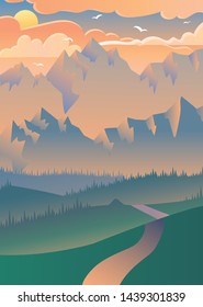 Sunset in forest vector illustration. Flying birds over mountains. Summer landscape