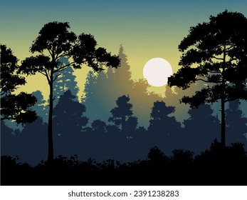 Atardecer en el bosque. Paisaje natural del vector