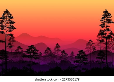 Sunset in the forest view with tree, hill, mountain and red sky