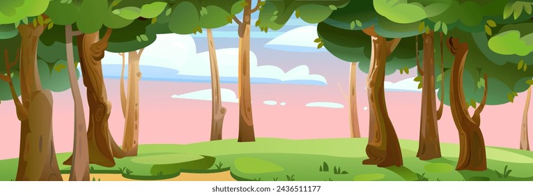 Sunset in forest. View of trees. Scenery Landscape. Fun cartoon style. Vector