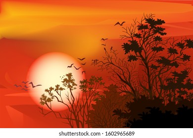 Sunset in front the shade of trees and flock of birds flying.Vector landscape illustration.