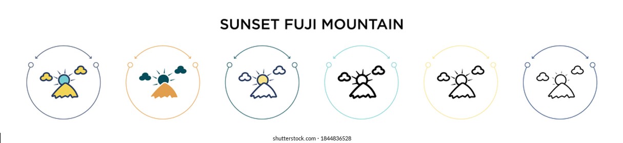 Icono de la montaña fuji al atardecer en estilo relleno, delgado, contorno y trazo. Ilustración vectorial de dos iconos vectoriales de la puesta de sol en color y negro de fuji se pueden utilizar para móviles, ui, web