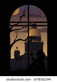 At sunset, the girl drinks tea and looks out the window at a beautiful building