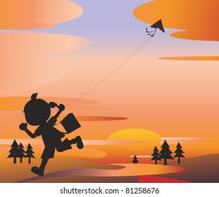 Sunset Girl flying a kite