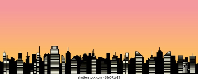 sunset glow and cityscape vector illustration