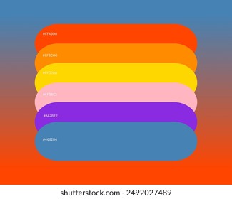 Sunset Glow Color Scheme tiene seis hermosos colores, una muestra de color, muestras de catálogo y paletas multicolores de moda. Ilustración vectorial