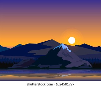 sunset glow over mountain landscape, reflection on the lake sufrace and pine forest. vector nature illustration