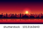 sunset glow, setting sun over the old city silhouette. reflection of cityscape on the water and clouds, vector illustration