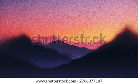 Sunset glowing over quiet mountain valley with film grain texture created from thousands of individual dots and adds depth and warmth. Layered mountains forming dreamy landscape. Vector illustration