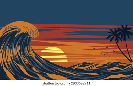 Sunset glows behind crashing ocean wave. Wave curls high, powerful, and vivid. Two palm trees stand tall on distant shore. Sky blends orange, red, and deep blue hues. Wave's motion suggests raw