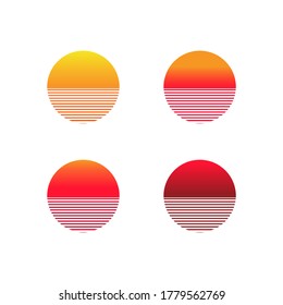 Sunset gradient icon set. Illustration of sun in retro 80s and 90s style. Vector on isolated white background. EPS 10.