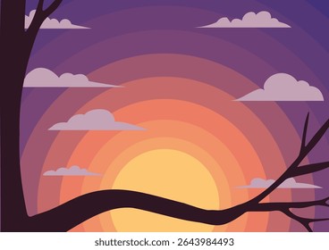 Pôr do sol gradiente sobre uma silhueta serena galho de árvore grossa e nuvens. Relaxante paisagem vetorial para fundo do turismo.
