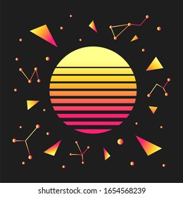 Sunset gradient in retro 80s night sky background. Starry sky. Retro futuristic vector illustration.