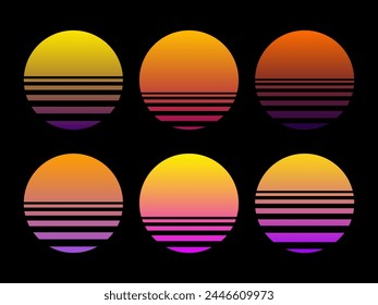 Sunset gradient set on black background. Futuristic background, retro sunset and sunrise. Vector illustration of striped gradient sun in retro 80s and 90s style. Sun background in cyberpunk style.