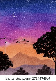 Sunset Gradient Sky with Silhouetted Birds