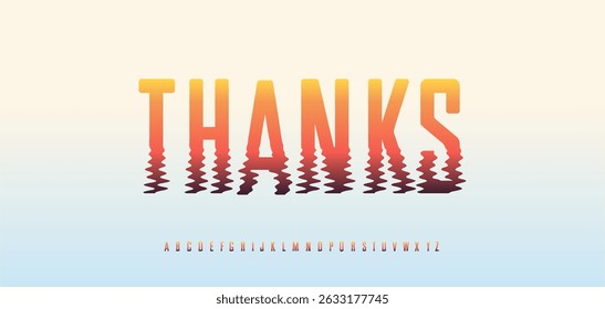 Sunset gradient thanks typography with water ripple reflection effect. Warm colors font with summer beach vibe for travel poster, vacation blog, sunset card, tropical branding. Vector illustration.