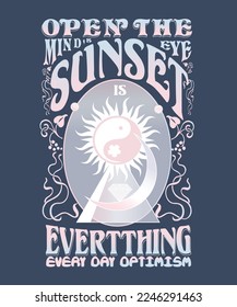 sunset graphic tee with mystic vibes, Tropical sunset. Surf and beach. Vintage beach print. Tee graphic design