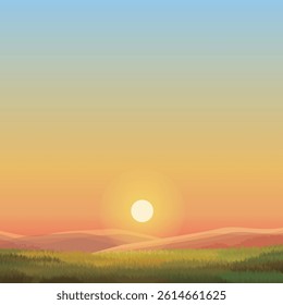 Sunset Grassland – Warm Sky, Sunrise Horizon, Nature Field, Landscape, Vector Background, Scenic, Yellow Orange
