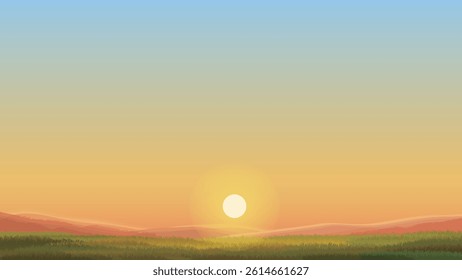 Sunset Grassland – Warm Sky, Sunrise Horizon, Nature Field, Landscape, Vector Background, Scenic, Yellow Orange