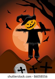 sunset graveyard background with statue hanging on dry tree, flying bat