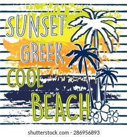 sunset greek cool beach, striped background, t-shirt design vector illustration