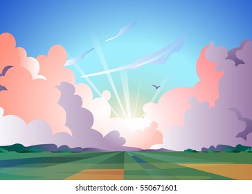 Sunset. Green Landscape with beautiful clouds